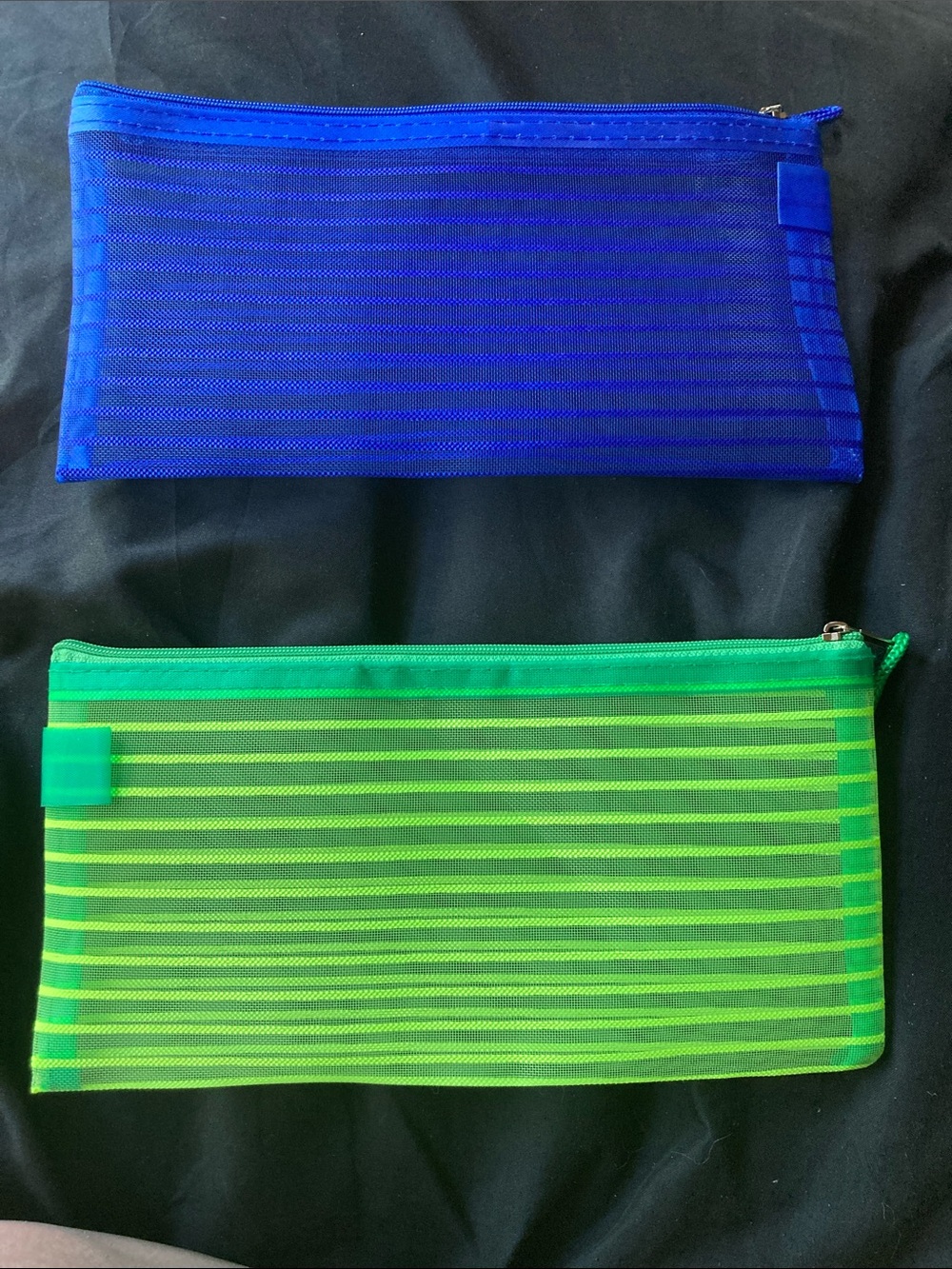 Set of 2 Striped Mesh Zipper Pouches in Blue and Green